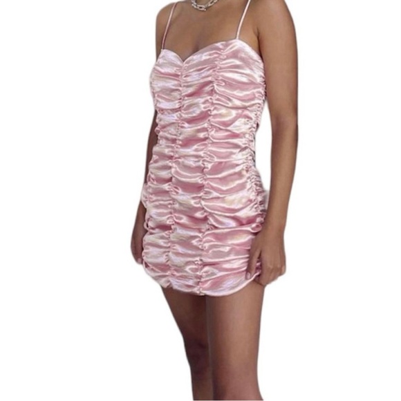 NWT Urban Outfitters Pastel Pink Bodycon Dress Satin Ruched S Party Mini - Picture 1 of 8